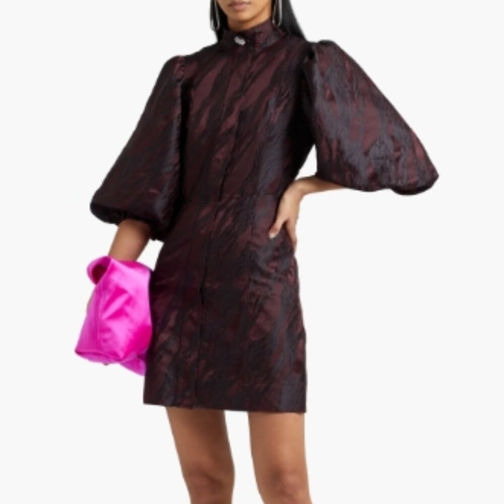 NWOT GANNI Satin Jacquard Burgundi Mini Dress S $345